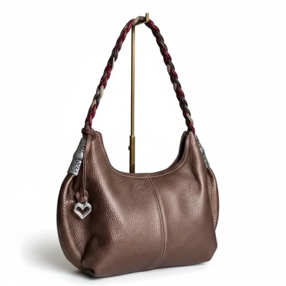 Brighton NWOT Braided Strap Pebbled Leather Hobo in Bronze with Heart Charm